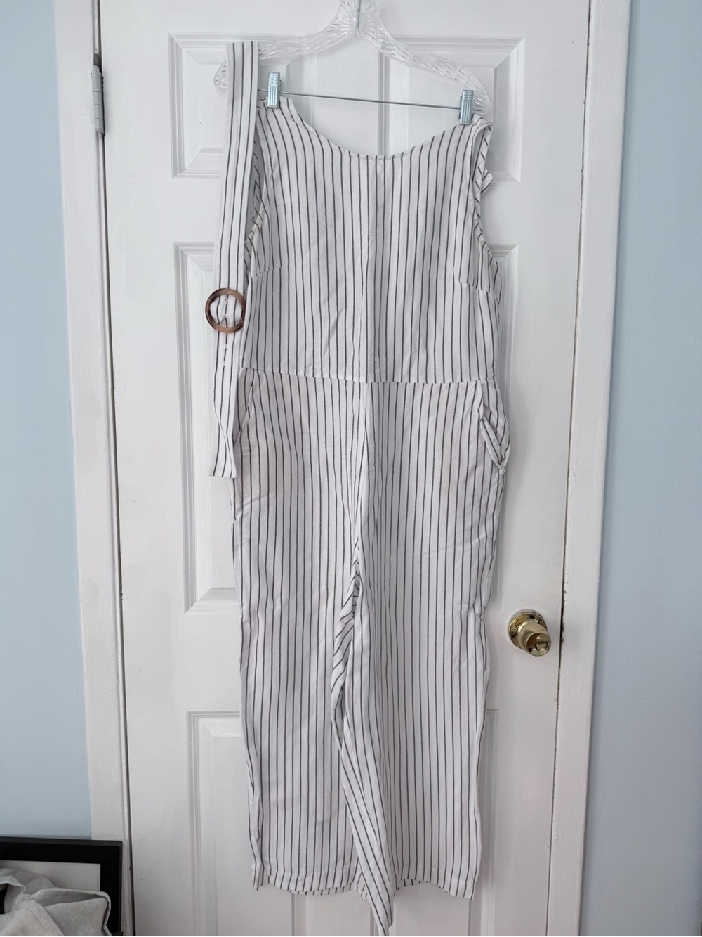 Striped Sleeveless Jumpsuit with Tortoiseshell Buckle Belt - White & Black